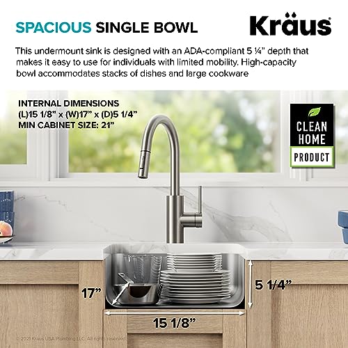KRAUS Dex 17-inch Undermount 16 Gauge Stainless Steel Single Bowl ADA Kitchen Sink, KA1AS17B