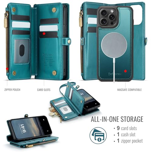Defencase for iPhone 15 Pro Magnetic Wallet Case Compatible with Magsafe with RFID Blocking Zipper Strap Card Holder for Women, PU Leather Detachable Case for iPhone 15 Pro (6.1 inches), Blue Green