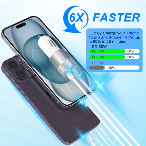 iPhone Car Charger Fast Charging [Apple MFi Certified], 60W Dual USB-C Power Cigarette Lighter Car Charger+Type-C Cable&Lightning Cable for iPhone 15 14 13 12 11 Pro Plus XS XR iPad, Samsung and More