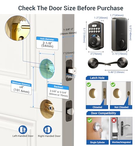 Veise Fingerprint Door Lock with 2 Lever Handles - Keyless Entry Door Lock, Electronic Keypad Deadbolt & Front Door Lock Handle Sets, Auto Lock, Easy Installation, Matte Black