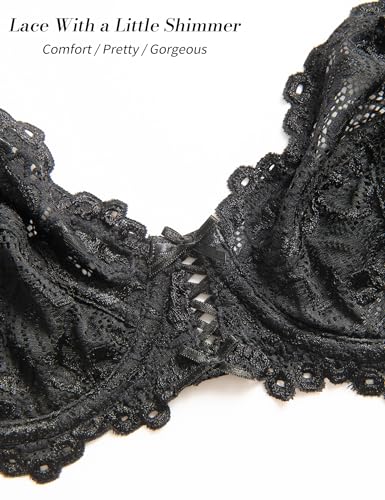 Wingslove Women's Sexy Lace Bra Non Padded Underwire Unlined Bra Full Coverage Plus Size Lace Bralette (Black, 36B)