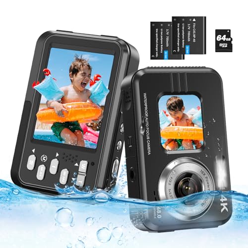 4K Waterproof Camera Underwater Camera Snorkeling 11FT with 64GB Card Dual Screens Selfie 48MP Autofocus 16X Zoom Compact Digital Camera Waterproof with 2 Batteries (Black)