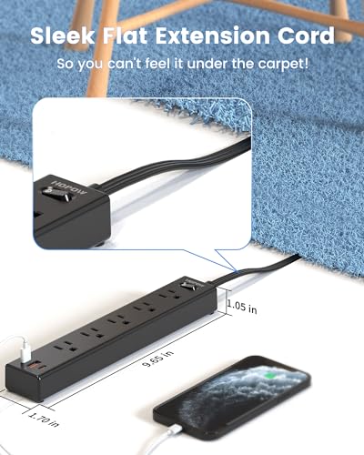 HOPOW Flat Plug Power Strip, 6 Ft Ultra Thin Extension Cord, Surge Protector with 5 Outlets & 3 USB Ports (2 USB C), 1700 Joules, Wall Mount, Desktop Charging Station for Home Office Dorm, Black