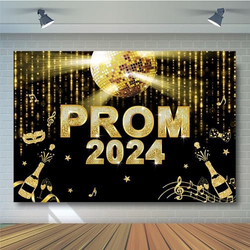 Avezano Prom 2024 Backdrop Black and Gold Graduation Prom Party Decorations Glitter 2024 Prom Banner for Graduation Background Decor (5x3ft)