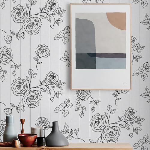 Qianglive Peel and Stick Floral Wallpaper White and Black Vinyl 17.3"×80" Contact Paper Waterproof for Cabinets liveroom Bedroom