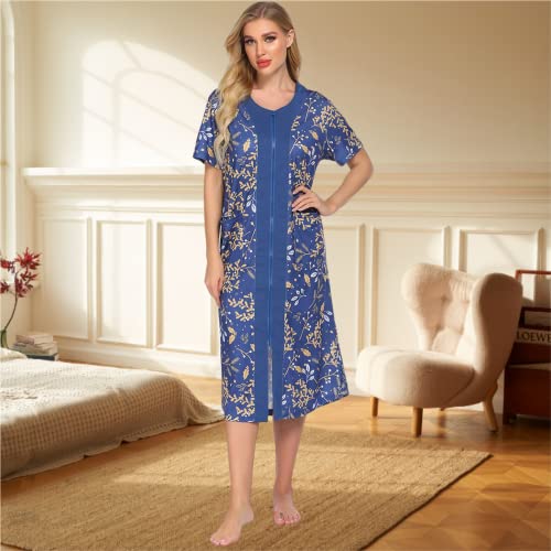 Ekouaer Women Zipper Front Nightgown Short Sleeve Housecoat Cotton Printing Housedress Full Length Robe with 2 Pockets L