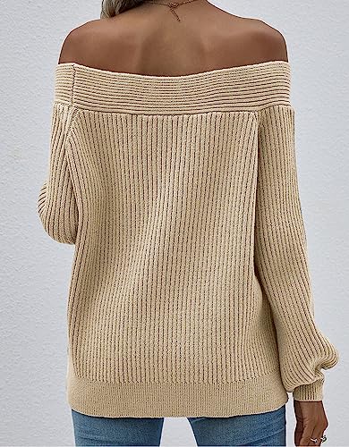 KIRUNDO 2024 Fall Winter Women's Off Shoulder Sweater Long Sleeve Cold Shoulder Ribbed Knit Sweaters Pullover Jumper Tops(Apricot, Small)