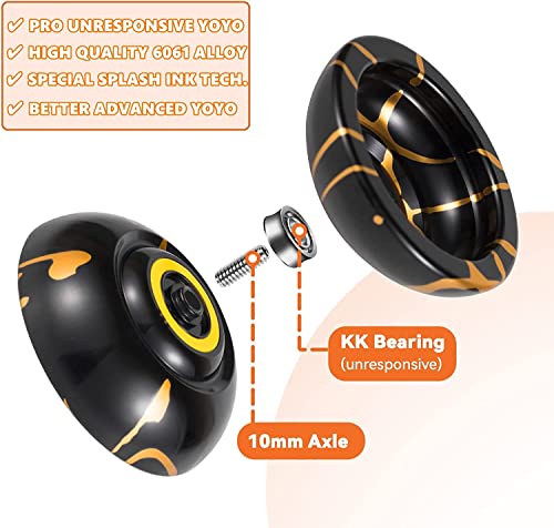 MAGICYOYO Dual Purpose Yoyos - N11 Professional Unresponsive Yoyo and K2 Responsive Yoyo, Black Golden Alloy YoYo & Blue Pink Yellow Plastic Yoyo with 2 Bags,12 Yoyo Strings, Responsive Bearings Kit