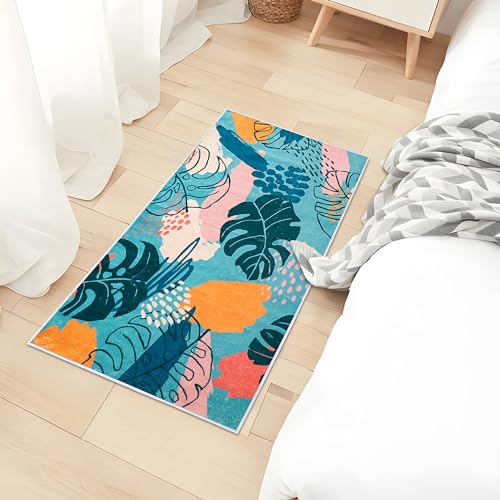 UBTKEY Small Area Rug 2x4.3, Ultra-Thin Non Slip Washable Entryway Rugs, Botanical Print Boho Kitchen Throw Rugs Indoor Door Mat for Entryway Front Door Entry Bedroom (Blue Green, 2' x 4.3')