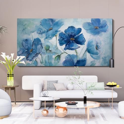 AJAZIKO Large Wall Art Canvas Decor, Blue Flowers Theme Pictures for Bedroom, Wall Decor for Living Room, Wall Art Prints- Wall Art for living room