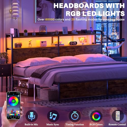 Aheaplus Headboard for Twin Size Bed Frame, Headboards with Outlets, USB Ports and LED Light, Head Board with Storage, Height Adjustable, Sturdy and Stable Headboard, Twin Size, Black Oak