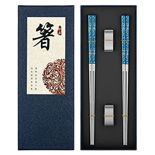 FOFAYU Metal Chopsticks Reusable 2 Pairs Titanium Plated Stainless Steel Chopsticks with Holder, Dishwasher Safe Non-Slip Japanese Style Chop Sticks Present Set (Blue Silver)