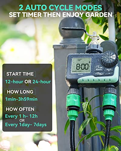 RAINPOINT Water Timer for Garden Hose - 2 Zone Sprinkler Timer with Rain Delay/Manual Watering/Automatic Irrigation Controller System - Water Hose Timer Programmable Faucet Timer for Yard Lawn