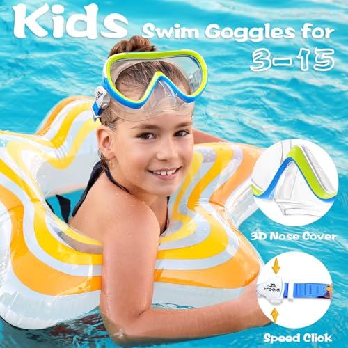 Freela Kids Swim Goggles for Boys Girls Kids 4-7 3-6 6-14 8-12 with Nose Cover, Water Pool Beach Swimming Goggles Mask for Childrens Youth Age 4 5 Tempered Glass Anti Fog Waterproof 180° Clear View