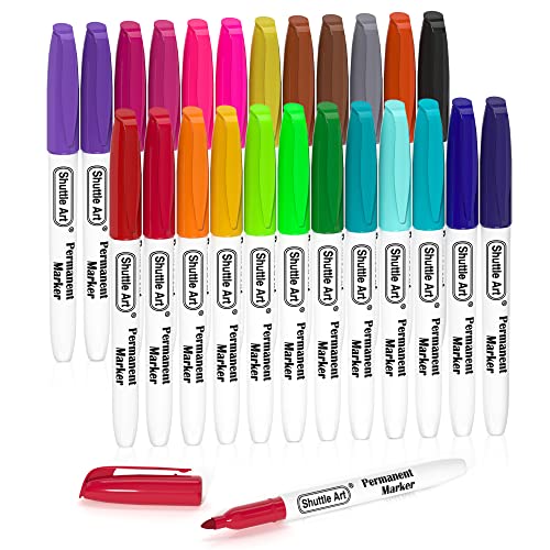 Shuttle Art Permanent Markers, 24 Colors Fine Point Assorted Colors Permanent Marker Set, Works on Plastic,Wood,Stone,Metal and Glass for Doodling, Coloring, Marking