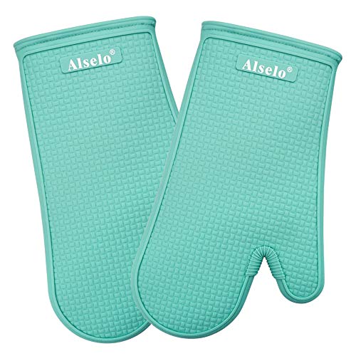 Alselo Oven Mitts Heat Resistant Silicone Kitchen Gloves for 550 Degrees with Waterproof and Non-Silp, Set of 2 Oven Gloves for Baking Cooking Barbecue Microwave Machine Washable (Blue, 2)