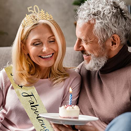 50th Birthday Crown & 50 and Fabulous Birthday Sash Set, CIEHER 50 Birthday Tiara 50th Birthday Sash 50th Birthday Gifts for Mom Friends, 50th Birthday Decorations Women, 50th Happy Birthday Party Favor Supplies, 50 and Fabulous Birthday Decorations - Gol