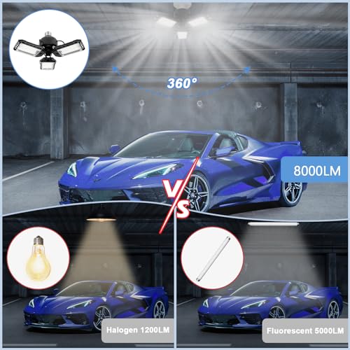 Aoretic LED Garage Lights Bulb 1 Pack -80W, 8000LM 6500K Led Shop Light with 3 Deformable Panels, Basement Barn Light Garage Ceiling Lights, E26/E27 for Garage, Warehouse, Shop, Basement