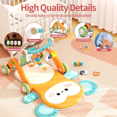 Jovow 2 in 1 Baby Gym with Walker,Baby Play Mat with 5 Infant Learning Sensory,Double-Sided Multifunctional Removable Play Piano Panel,Sit-to-Stand Learning Walker for 0-24 Months Boy Girl [Orange]