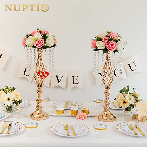 NUPTIO 2 Pcs Crystal Flower Stand Wedding Centerpieces for Tables, 21.7in/55cm Tall Elegant Metal Flower Arrangement Stand, Tabletop Metal Flower Vase for Wedding Party Dinner Event Hotel Home Decor