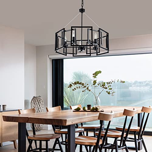 MhyTogn Industrial Style Chandelier, with Matt Black Finish Geometric Shade Pendant Lighting Fixture for Dining Room Living Room Kitchen Island Bedroom 5-Light