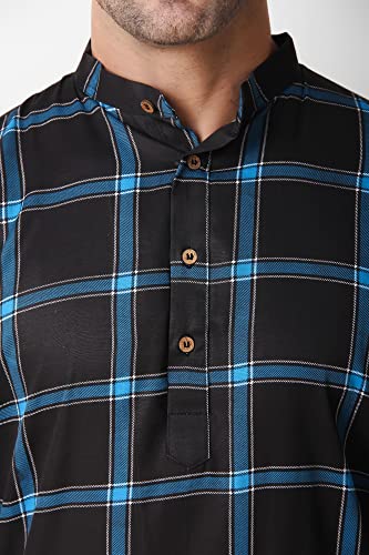 SKAVIJ Mens Cotton Full Sleeve Straight Checked Tunic Kurta (Blue, Mudium)
