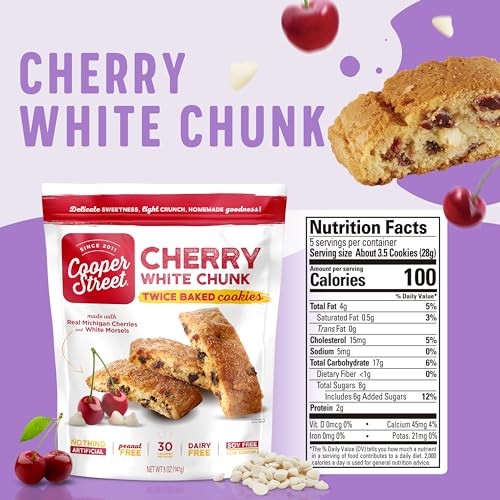 Cooper Street Twice Baked Mini Biscotti Italian Style Cookies - 1.25 Pound of Cherry Chocolate Gourmet Cookies Ideal With Coffee Or Tea | Peanut and Dairy Free Low Sodium Breakfast or On-The-Go Snack
