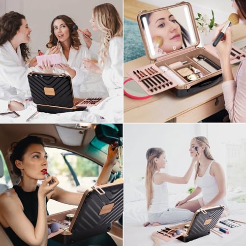 Mocado Travel Makeup Case with Lighted Mirror, Makeup Box with 8 Makeup Brushes and 10x Magnifying Mirror,Cosmetic Case Adjustable Brightness Makeup Train Case with Makeup Brushes Divider(Black)