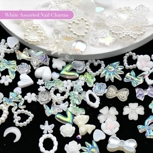 Anower 1400Pcs Pink White Assorted 3D Nail Charms Variety Heart Star Bow Round Flatback Nail Pearls Rhinestones Charms for Manicure Craft Accessories