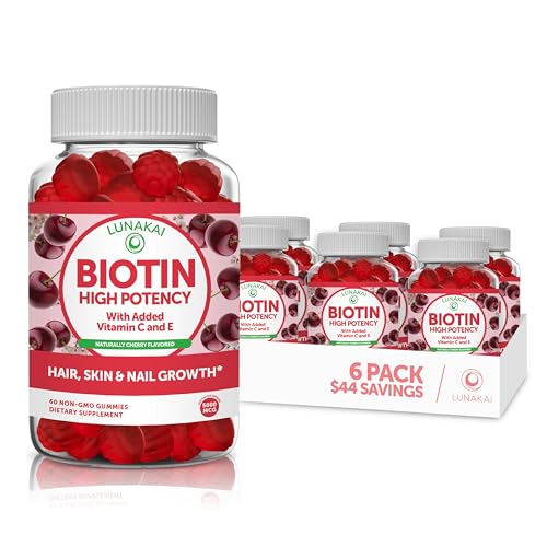 Biotin Gummies with Vitamin C & E - Tastiest Proprietary Formula-5000mcg Non-GMO Hair Skin and Nails Vitamins Gummies for Women - Vegan Biotin Supplement - Biotin Gummies for Hair Growth - 6 Pack