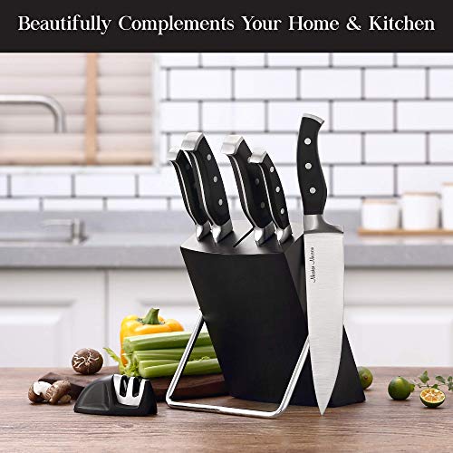 7-Piece Premium Black Kitchen Knife Set with Knife Block & Dual Knife Sharpener | Master Maison German Stainless Steel Knives | Professional Butcher Block Knife Set For Kitchen | Chef Knife Sets