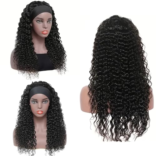 Headband Wig Human Hair Deep Wave Half Wigs Glueless None Lace Front Wigs with Headband Attached Brazilian Human Hair Headband Wigs Glueless Curly Hair for Black Women(30 Inch, Chocolate Brown)