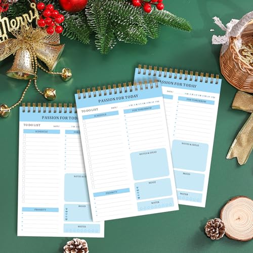 NPET Daily Planner Notepad, 52 Sheets Tear Off To Do List Notebook for Productivity, A5 Size of Spiral Undated Planner and Organizer for Work, Study (Set of 3 Blue)