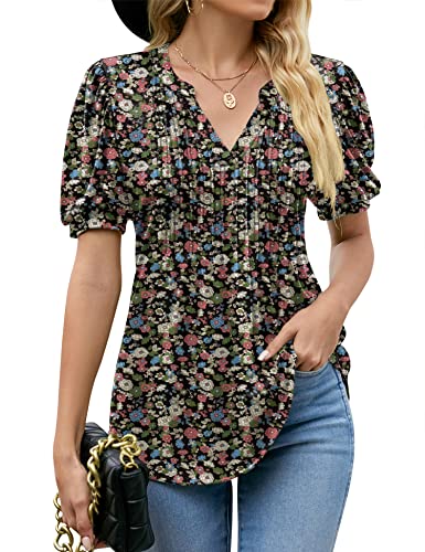 LOMON Summer T-Shirts for Women Puff Short Sleeve Tunics Tops Smocked V Neck Floral Blouse(Pink+Floral,L)