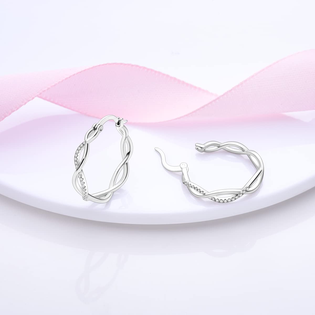 Hapour Twisted Earrings for Women & Girls - 925 Sterling Silver Huggies Hoop Earrings with White Cubic Zirconia, Small Size, Hypoallergenic Minimalist Lightweight Jewelry