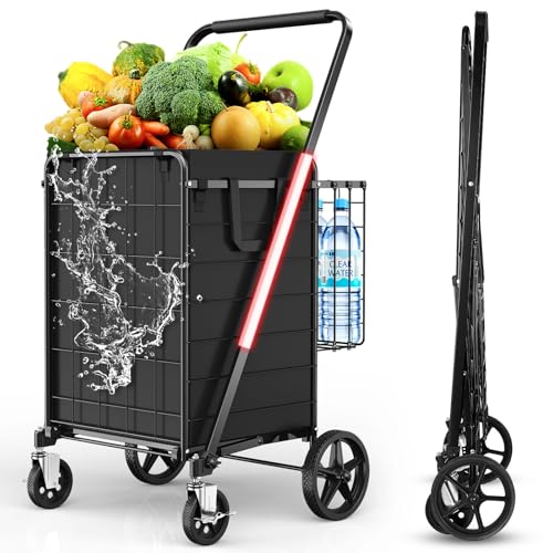 XING LANG Folding Shopping Cart with 360° Rolling Swivel Wheels & Brakes - 4.3ft³ Foldable Grocery Cart with Double Basket & Liner, 420lbs Portable Heavy Duty Utility Carts for Laundry Luggage Travel
