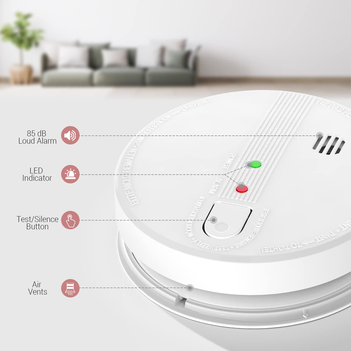 Smoke Detector, Hardwired Interconnected Smoke Detectors, Smoke Alarm with Replaceable 9V Battery, Interconnects Up to 12 Fire Alarms Smoke Detectors, Photoelectric Fire Alarm with Test/Silence Button