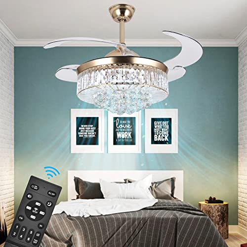 wuyule 42 Inches Crystal Ceiling Fan Golden Modern Crystal Chandelier Ceiling Fan with Lights and Remote, Invisible Fandelier LED Light kit with Retractable Blades for Indoor Living Room Bedroom