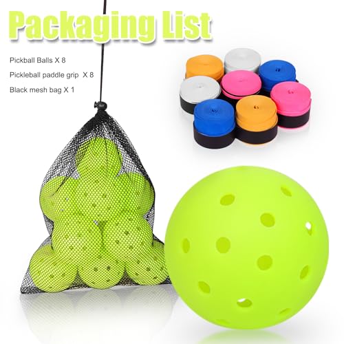 Guvixumi Pickleball Balls, Frosted Surface Pickleballs,Optic Green Outdoor Pickleball Balls,40 Holes Pickle Balls，8 Pack Outdoor Pickleballs with 8 Frosted Anti-Slip Overgrip