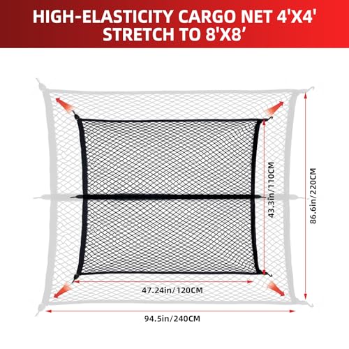Cargo Net for Pickup Truck Bed,Truck Bed Net,Stretchable Mesh Organizer for Pickup Trunk Bed,Truck Cargo Net with 4 Pcs Metal Carabiner Clips and 4 Hooks，Suitable for Daily Light Loads of Trucks SUV