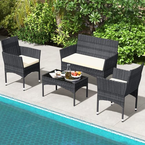 TINKLE WELL Outdoor Patio Furniture, 4 Pieces Rattan Chairs Wicker Conversation Set with Tempered Glass Table, Cushion, for Yard, Garden, Poolside, Porch, Bistro, Balcony, Black and Beige