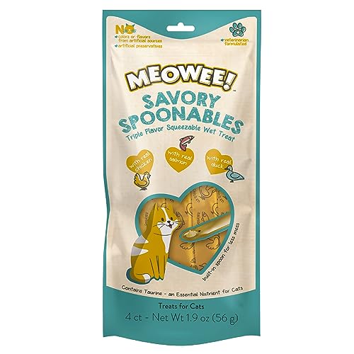 MEOWEE! Savory Spoonables with Real Chicken, Salmon & Duck, 4 Count Tube, Triple Flavor Squeezable Lickable Wet Treats for Cats with Built-in Spoon for Less Mess