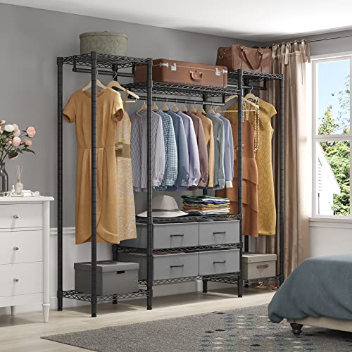 VIPEK V20i Wire Garment Rack Heavy Duty Clothes Rack Metal Clothing Rack with Adjustable Shelves, 3 Hanging Rods, 4 Storage Drawers, Freestanding Closet Storage Organizer, Black