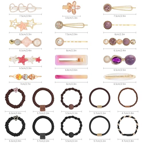 Unaone Hair Accessories Set - Elastic Hair Ties, Hair Clips, Cotton Ponytail Holders and Fashion Barrettes for Girls and Women (Pack of 25)
