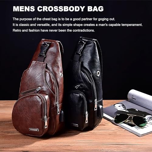Peicees Leather Sling Bag Mens Crossbody Chest Bag Sling Backpack with USB Charge Port