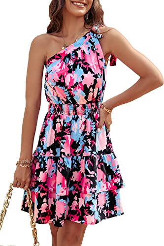 PRETTYGARDEN Women's Summer Tie One Shoulder Boho Floral Dress Elastic Waist Tiered Ruffle A Line Flowy Mini Dresses (Black White,Small)