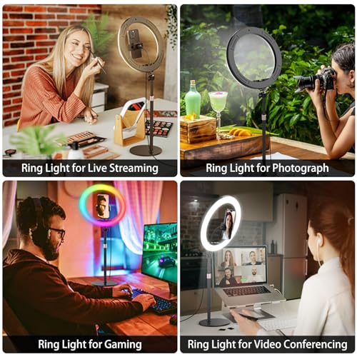 10.3" Selfie Ring Light with Stand and Phone Holder, Desk Tripod, 29 RGB Lighting Modes, Remote for iPhone &Android Camera. LED Halo Light for Photo, Video Recording, TikTok. Circle Ringlight Dimmable