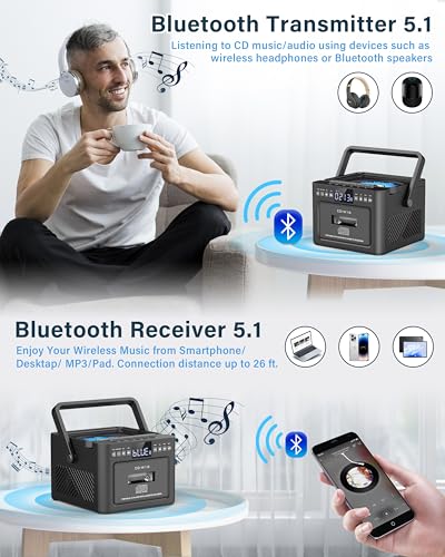 Boombox Cassette CD Player Bluetooth5.1 with 5000mAh Battery,5W Dual Stereo Speakers,Rechargeable CD Player with FM Radio,Remote Control,Tape Recording,3.5mm Earphone Jack,AUX/Micro SD/USB for Home