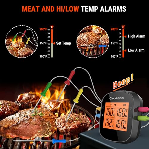 Cloud BBQ 500FT Wireless Meat Thermometer, Smart Rechargeable BBQ Thermometer with Four Probes, Bluetooth Meat Thermometer for Somker, Oven,Grilling, Cooking Turkey Fish Beef (FS-52)