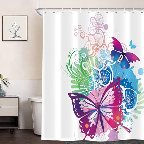 Emwnodti Butterfly Shower Curtain for Bathroom Set, Dreamlike Fantasy Nature Art Flower Butterfly Bath Curtain, Fabric Waterproof Bathroom Accessory Set for Woman Gril, 72x72 inch with 12 Hooks